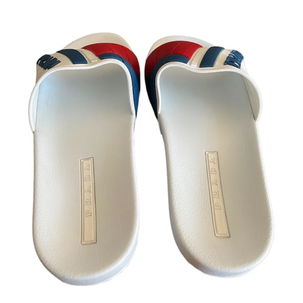 Prada Logo Embossed Poolside Slides Sandals Bianco- Rossi US size 12